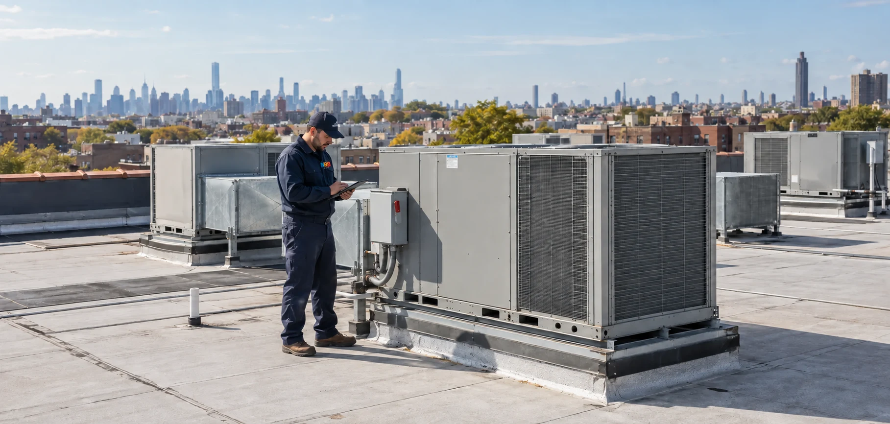 Generated editorial view of a technician reviewing a commercial rooftop HVAC unit in New York