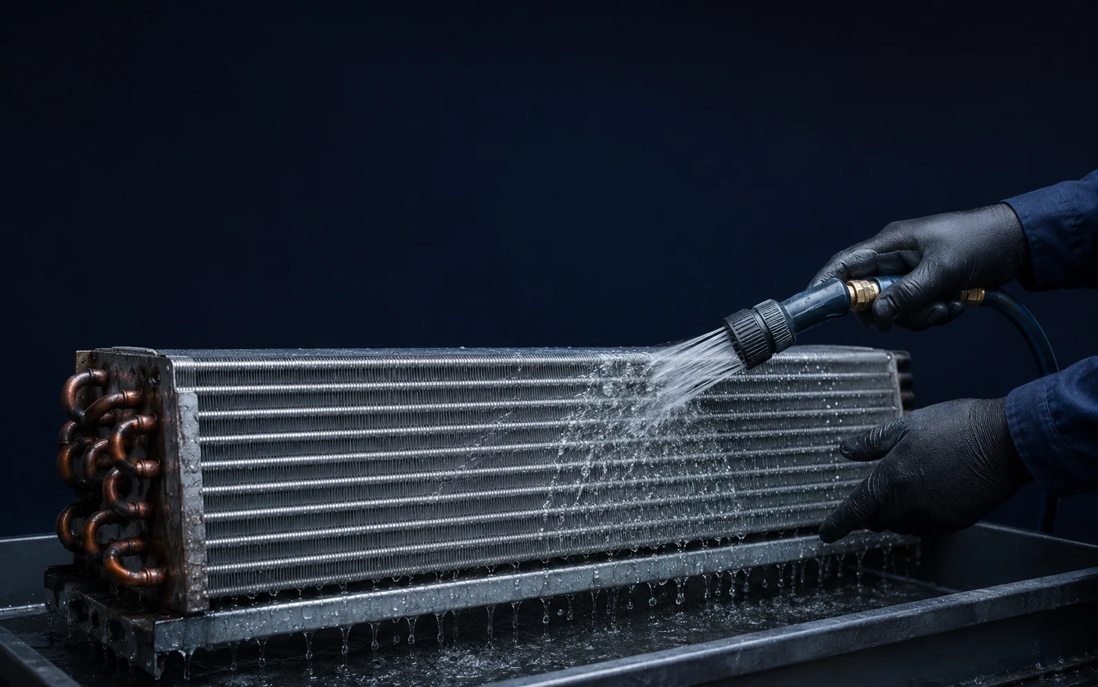 Generated editorial scene of a removed HVAC coil being gently rinsed in a wash tray