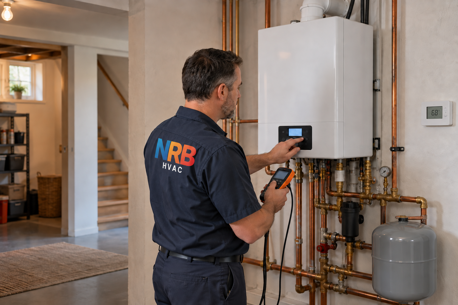 Editorial scene of a technician evaluating a wall-hung residential boiler and its controls