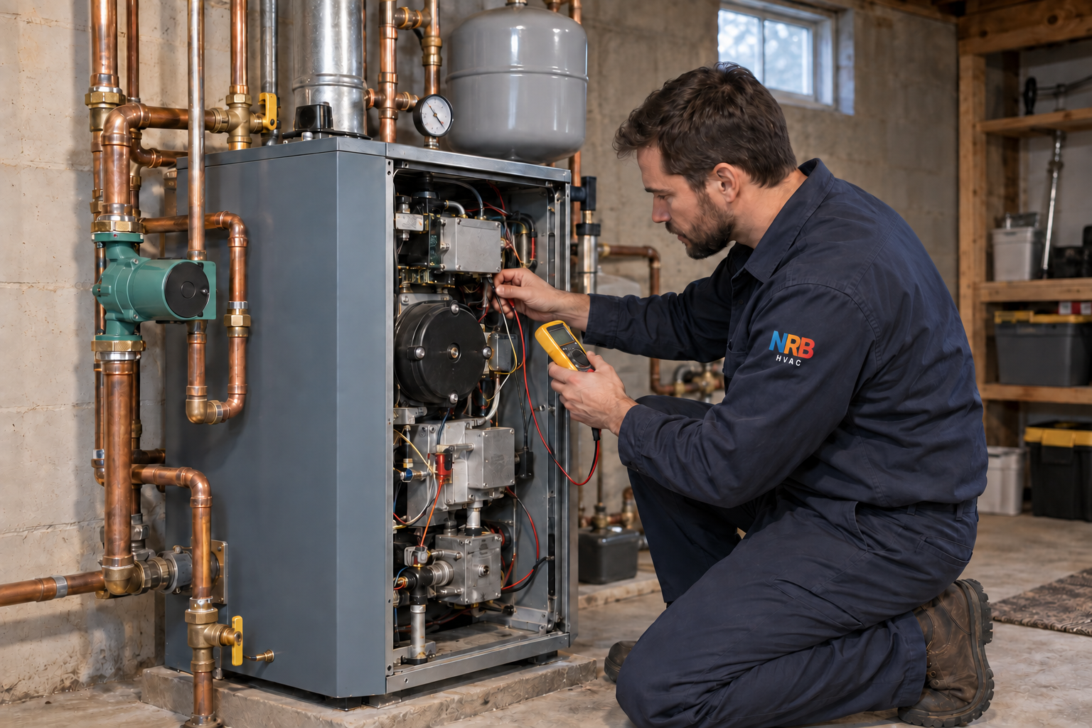 Editorial scene of a technician diagnosing an open residential boiler with a multimeter