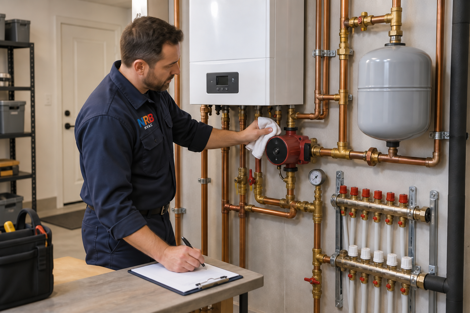 Editorial scene of routine maintenance around a wall-hung boiler and hydronic manifold