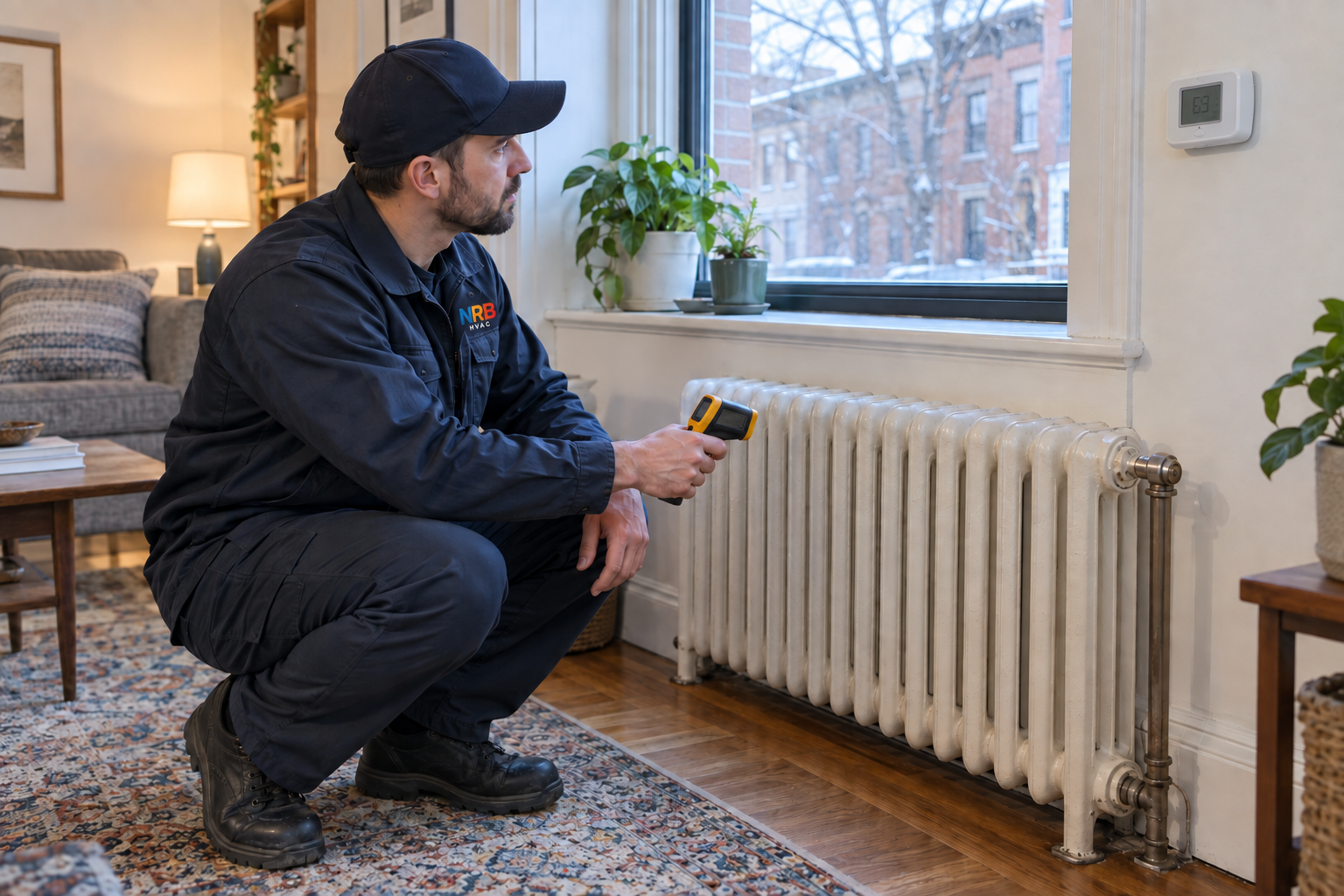 Editorial scene of a technician checking heat output at a residential radiator and thermostat