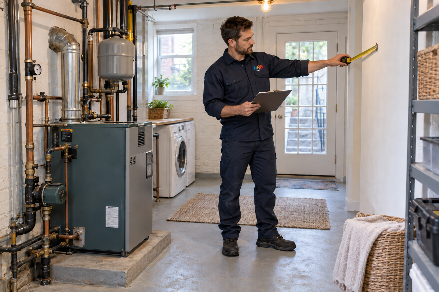Editorial scene of a technician measuring available space for a planned heating project