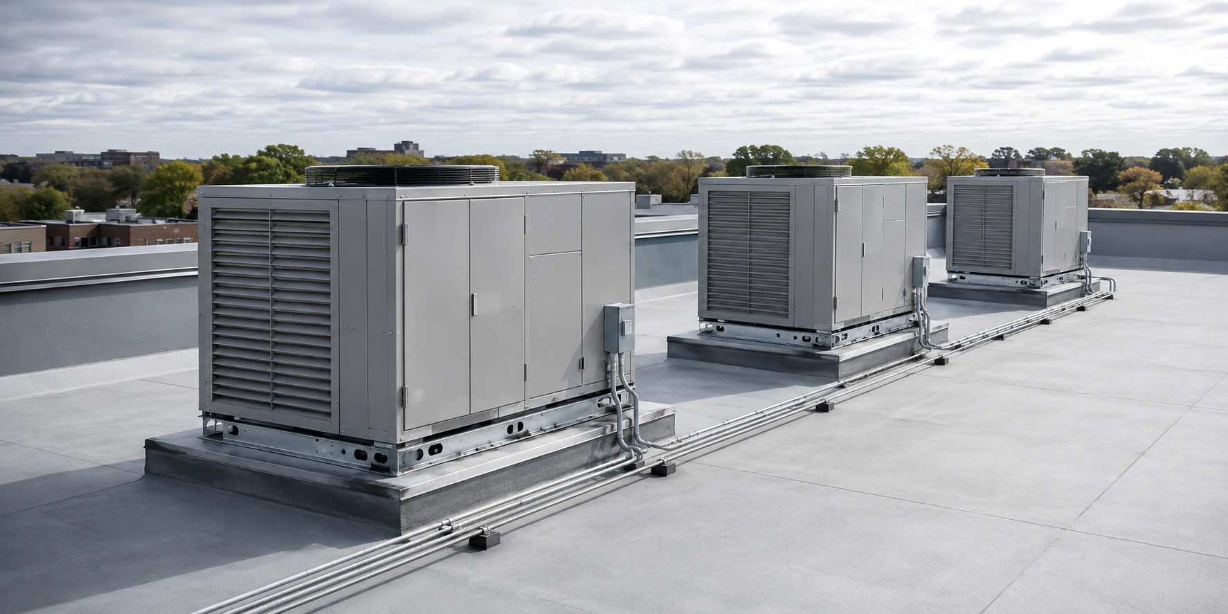 Editorial equipment-inventory context: three complete rooftop HVAC units and their access paths