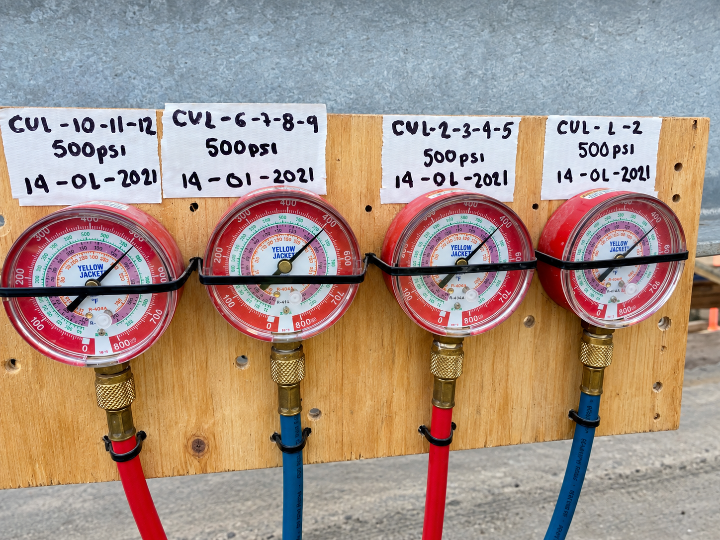 AI-retouched editorial view of four pressure gauges mounted on a wooden board with red and blue hoses