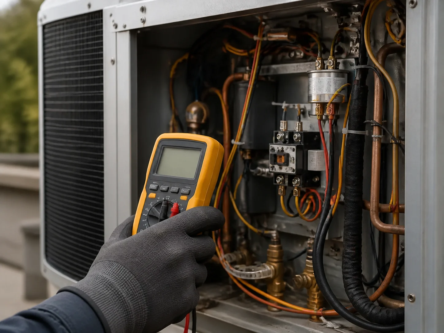 Editorial close-up of electrical components, connections and a multimeter