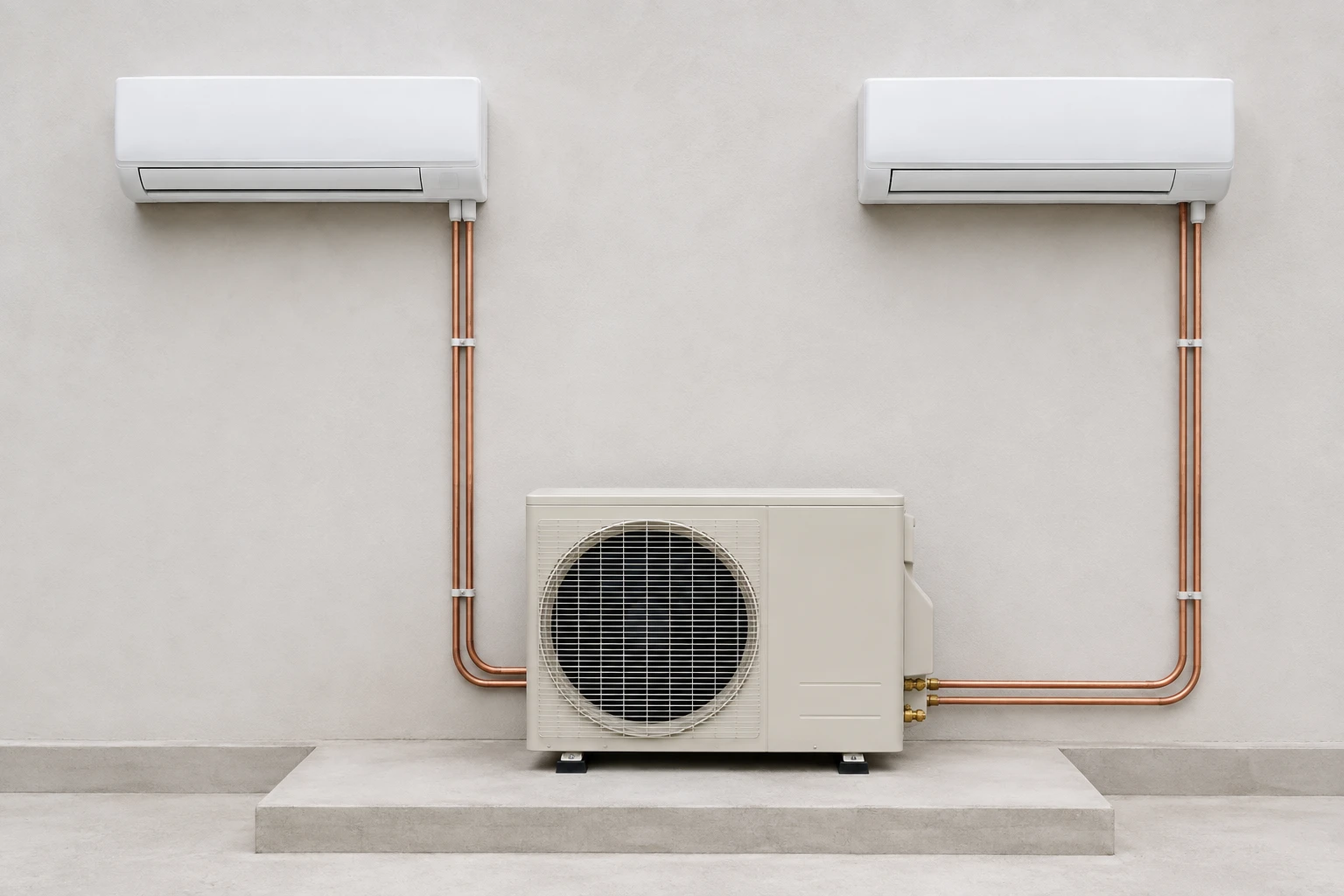 Illustrative multi-zone system: one outdoor condenser connected to two wall-mounted indoor units